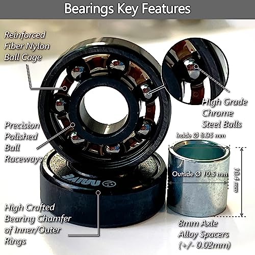 Naive Skateboard Bearings 8 Pack W Spacers, Lubed Dual Seals Set For 8Mm Axle Wheel Longboard,Cruiser,Surfskate,Inline & Roller Skates,Carry Cube Case,Black(10Mm Spacer,608-2Rs,8X22X7Mm) #TOP2