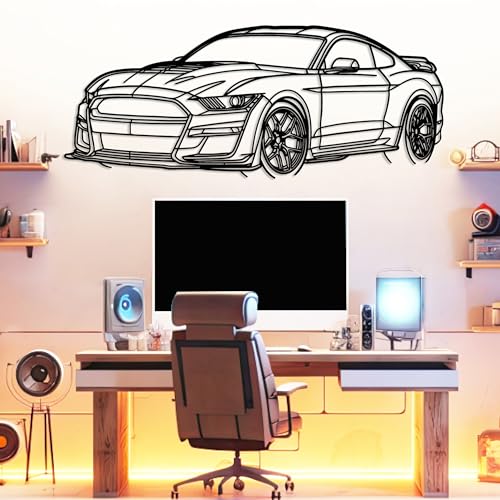 DecoSoul Mustang Metal Car Wall Art, Sports Car, Automotive Silhouette Line Decoration, Minimalist Sculpture for Garage, Indoor Outdoor Wall Hanging, Gift for Boyfriend (Black - 25 x 6.9” inch)