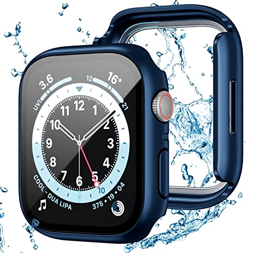 Colaxuyi 2 Pack Waterproof Case for Apple Watch Series 6/SE/5/4 40MM with Tempered Glass Screen Protector,Ultra-Thin Hard PC Cover Anti-Scratch Protective Bumper for iWatch Series 6 SE 5 4 40mm Blue