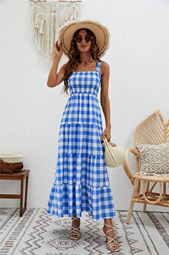 Image of kinstell Women's Summer Boho Spaghetti Strap Square Neck Ruffle Casual Flowy Long Dress Beach Swing Party Maxi Dress