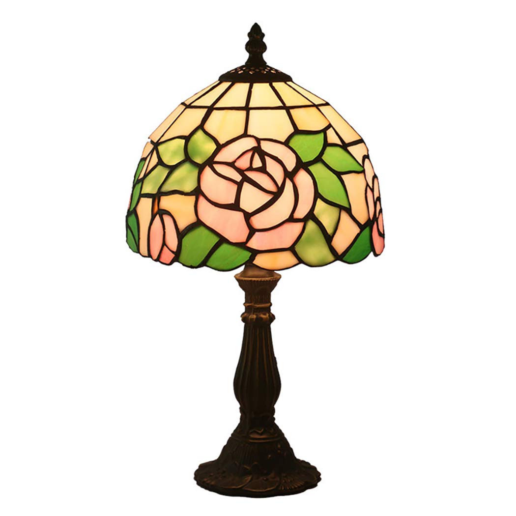 8-inch Tiffany Style Table Lamp Pink European Rose Bedside Decorative Table Light with Alloy Base Bedroom Office Desk Lamp,110-220V,E27