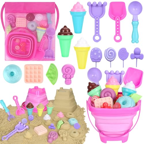 YCbingo Collapsible Beach Toys Set for Kids Toddlers Girls, Collapsible Sand Bucket and Shovels Set with Mesh Bag & Sand Molds, Ice Cream Travel for Beach, Sandbox Toys