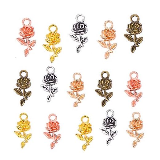 PH PandaHall 150pcs 5 Color Rose Flower Charms Pendants Tibetan Alloy Flower Beads Charms for Valentine's Day DIY Bracelet Necklace Jewelry Making