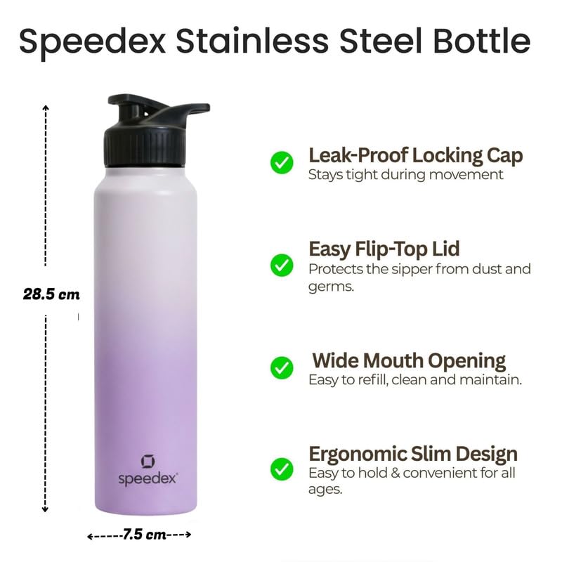Image of Speedex Stainless Steel Metal Water Bottle 1 Ltr 1000 ml, BIS Approved, Leak Proof Sipper Cap Bottle for Office, School, Gym, Travel, Daily Use for Men, Women, Kids, Adults, Dual Purple, Set of 4