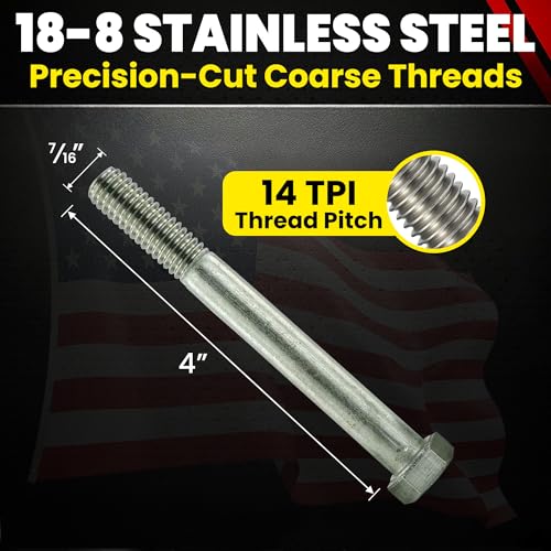 Image of Stainless 7 /16-14 x 4 inch Hex Head Bolts (3 /4 inch to 5 inch Lengths Available in Listing), 304 Stainless Steel, 10 Pieces (7 /16-14 x 4 inch)
