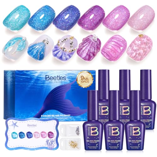 Image of Beetles Glitter Gel Nail Polish Set, Siren Scale Shimmer Gel Polish, 6 Colors 9ml UV LED Soak Off Blue Pink Purple Mermaid Nail Art Set with Rhinestones & Swatch Card