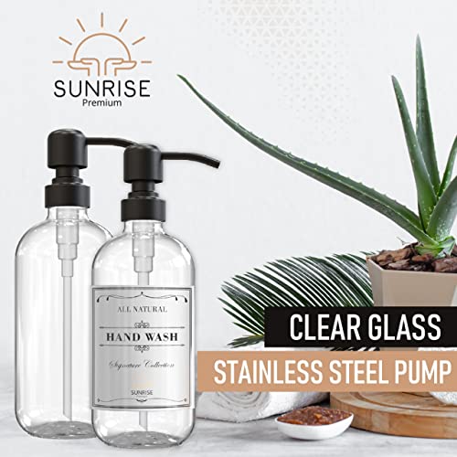 Image of Sunrise Premium 2 Pack Clear Glass Soap Dispenser 16 OZ with Matte Black Stainless Steel Pump, Hand and Dish Soap Dispenser Set for Bathroom and Kitchen Sink with 6 Waterproof Labels