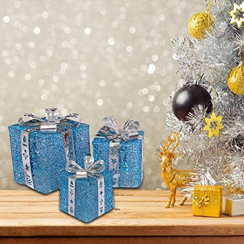3pcs Christmas Decor Gift Box Light Up Illuminated LED, Scene Layout Xmas Lantern Gift Box Holiday Ornaments Festive Supplies for Shops Offices Restaurant with Decorative Bow Embellishment