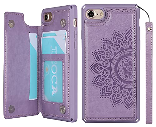 Coque portefeuille iPhone SE en cuir gaufré mandala violet de haute qualité