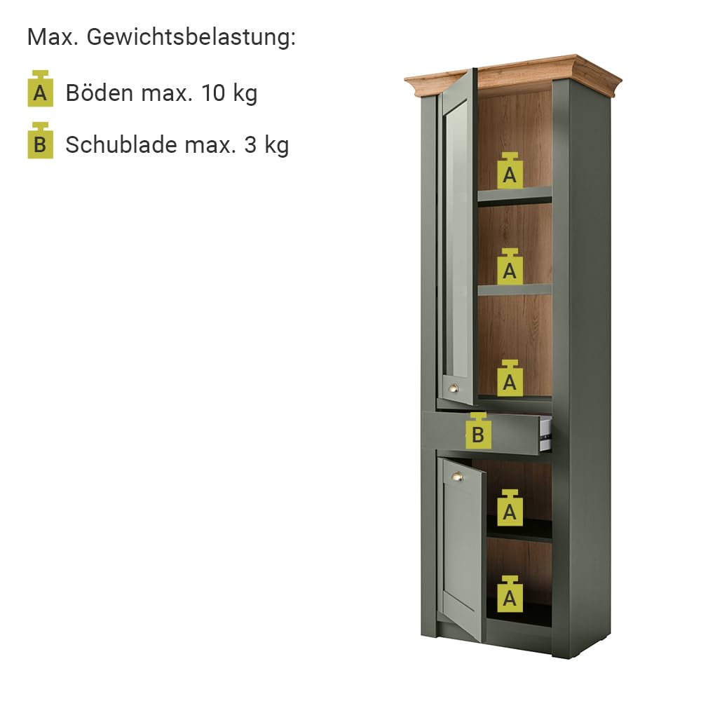 Lomadox Landhaus Wohnwand Komplett Set mit Anrichte & Couchtisch, englisch grün mit Wotan Eiche, mit Beleuchtung
