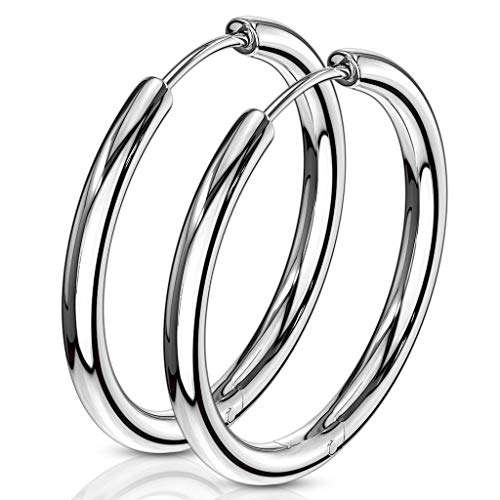 316L Stainless Steel 2.5mm Thick Round Hinged Hoop Earrings, Sold as a Pair