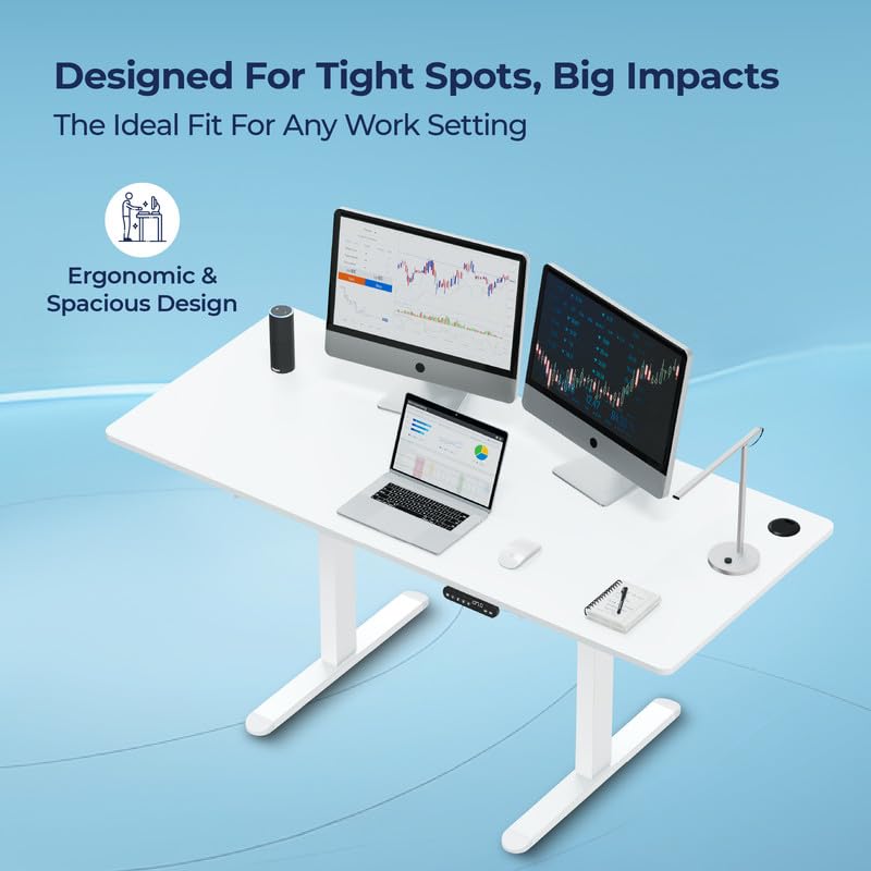 Image of The Sleep Company - AeroPlus Electric Height Adjustable Desk | Ergonomic Work from Home Table | 4 Memory Presets | 2 Years Warranty | 1600 x 700 Thick Top | Free Installation | White & White