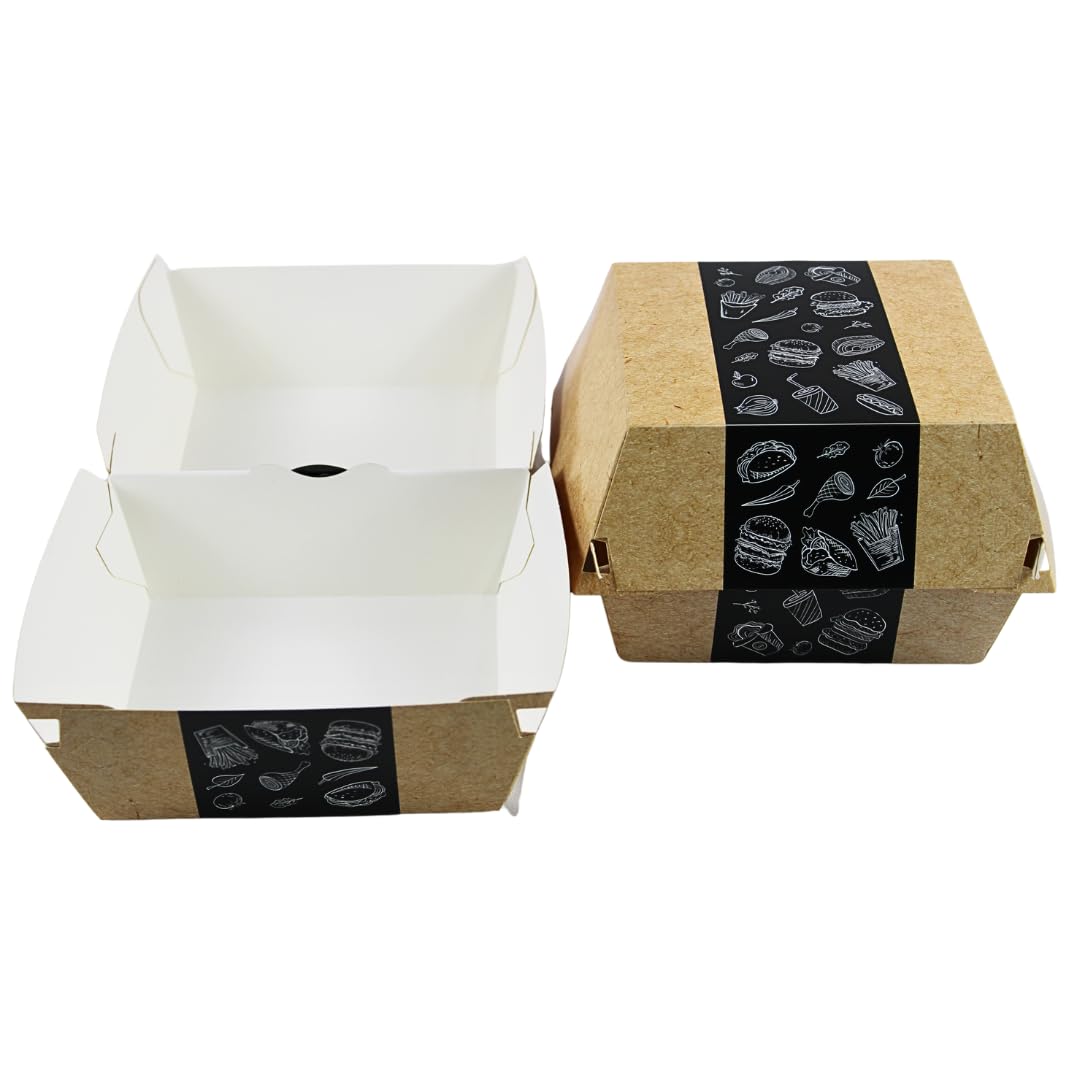 Enpack Burger-Boxen aus Kraftpapier Beige – 100 Stück – 13,5 × 13,5 × 9 cm – Einweg Burger-Schalen mit Klappdeckel, innen beschichtet – Snackbox To Go für Burger, Sandwich & Pommes
