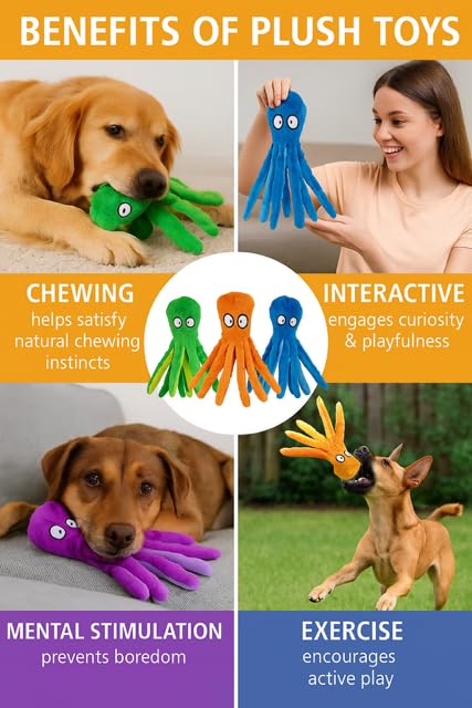 Ahiz Interactive Dog Toy, Octopus Plush No Stuffing, Squeaky & Crinkle Pet Toy for Small Medium & Large Dogs - Image 3
