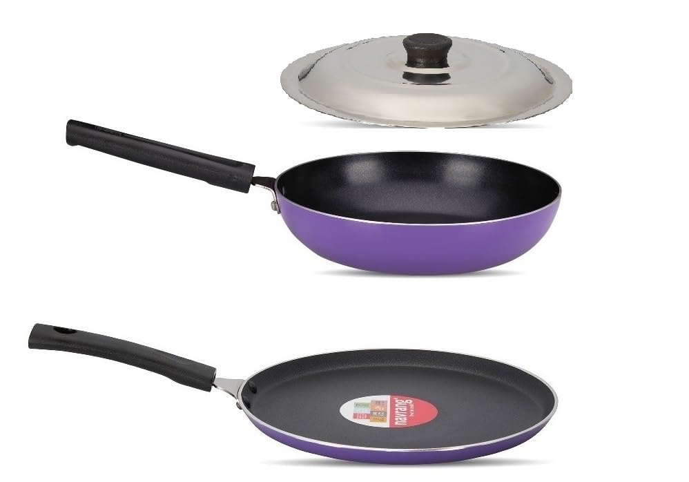 Image of NAVRANG Non Stick Cookware Set of 3 Pcs | Nonstick Dosa Tawa 26 cm & Frypan 22cm with Stainless Steel Lid | Non-Induction - Purple
