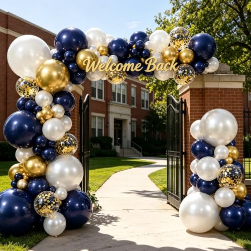 Image of Navy Blue Gold White Balloon Arch Kit 129 Pcs Double Stuffed