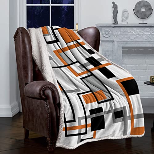 Mid Century Sherpa Fleece Throw Blanket - Abstract Orange Black Lines Fluffy Super Soft Microfiber Blanket Fuzzy Blanket For Couch Bed Sofa 60 X 80 Inches #TOP2