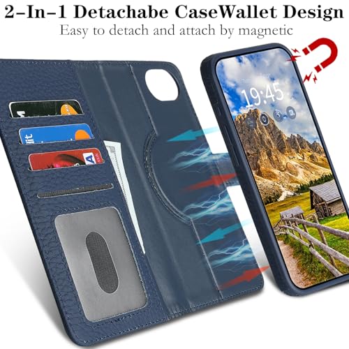 Image of Detachable Genuine Leather Case for iPhone 16e / iPhone 17e Wallet Case Magnetic 2in1 Removable Flip Cover Book Purse Compatible with Magsafe Charging Kickstand Card Holder-Navy Blue2