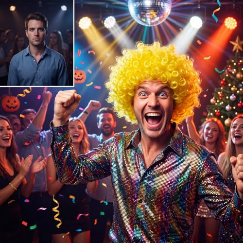 Image of FREE BEAUTY Fluffy Afro Synthetic Clown Wig for Men Women Cosplay Anime Party Christmas Halloween Fancy Funny Wigs（Yellow）