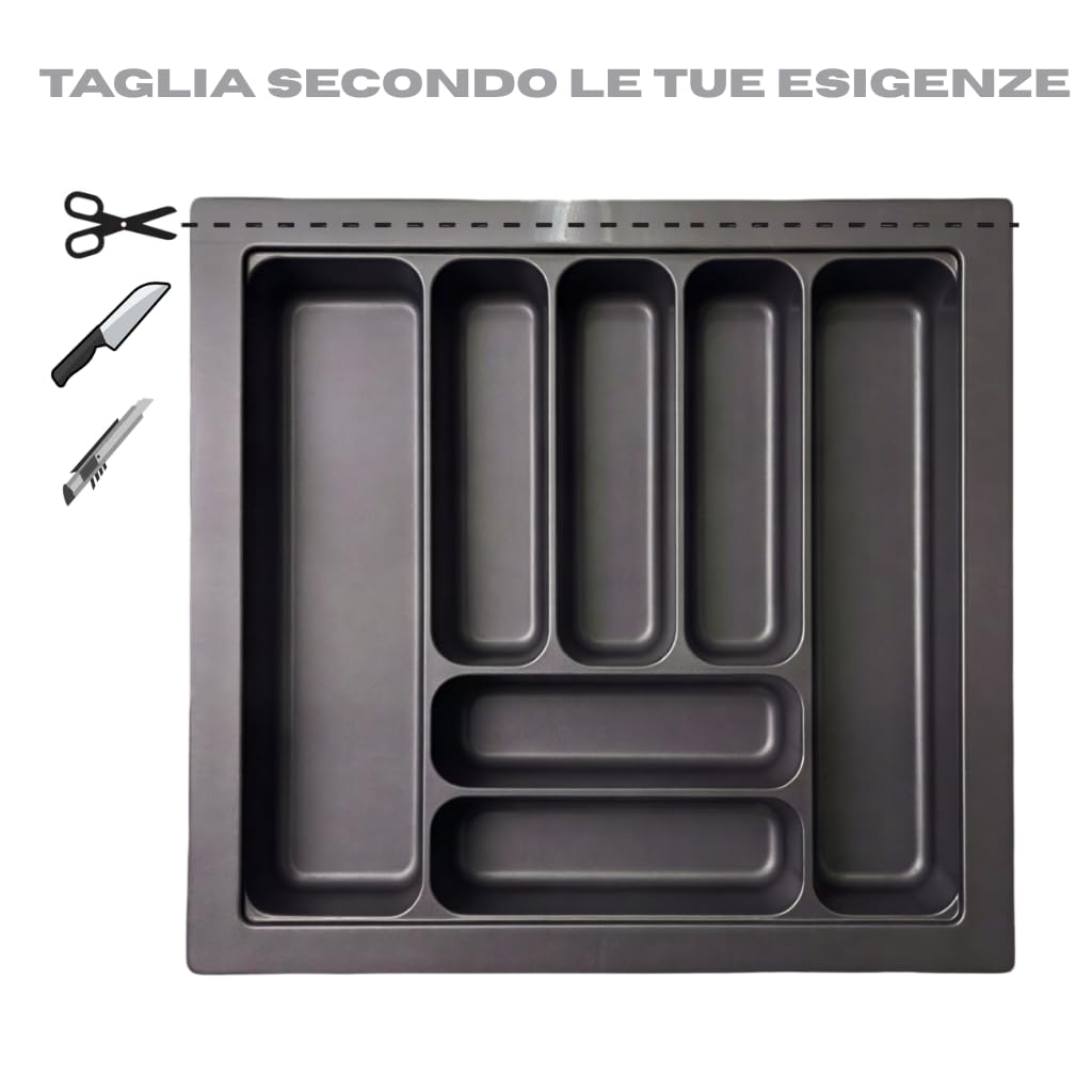 Portaposate per Cassetto Cucina 60 cm - Organizzatore Posate 536x482 mm - Plastica Grigio Antracite Robusta - 7 Scomparti