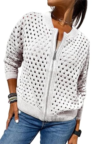Women's Casual Hollow Knitwear Zipper Jacket, Womens Zip up Crochet Cardigan Sweater, Oversized Lightweight Jacket (Small,White)