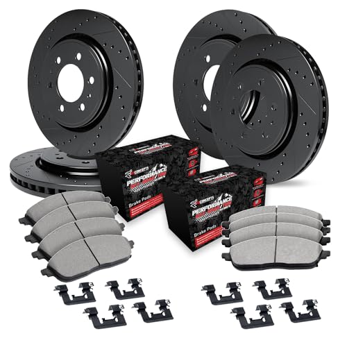 Image of R1 Concepts Front and Rear Brake Kit Fits 2007-2020 Cadillac Escalade, Chevrolet Tahoe, GMC Yukon| Off-Road /Tow Pads, Drilled Slotted Rotors| Hardware| 13.0 inch Front & 13.6 inch Rear
