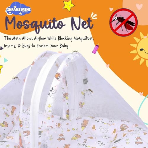 Image of Baby Bed with Mosquito and Insect Protection Net, Portable Mattress with Zip Closure & Pillow Ideal for Babies from 0-6 Months-Unisex (Panda Orange)