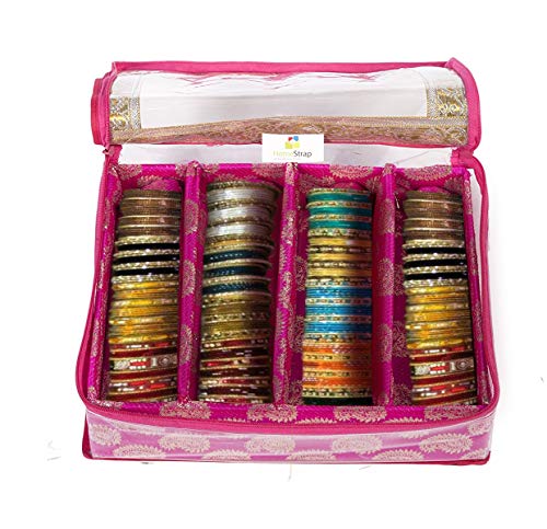 Image of HomeStrap 4 Rod Brocade Design Bangle Storage Box /Chudi Set Organizer (Pink|Pack of 1)