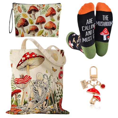 4Pcs Mushroom Gifts Set for Women Girls - Mushroom Canvas Tote Bag Makeup Bag Funny Socks & Keyring Present for Girls Women Daughter Sister Niece Friend Plant Lover