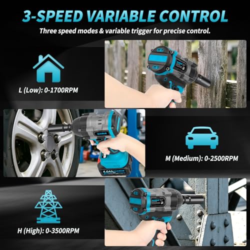 Qudodo 1500N.m Cordless Impact Wrench,1/2 Inch 3 Speed Premium High Torque Impact Gun with 2 x 4.0Ah Battery, LED Work Light, Wireless Power Pistola Llave De Impacto with 5 Sockets for Car Truck Mower by Qudodo - Used condition - Image 4
