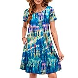 Sherosa Womens Tie Dye Summer Dresses T Shirt Floral Easter Dresses with Sleeves(L,Royal Blue Tie Dye)