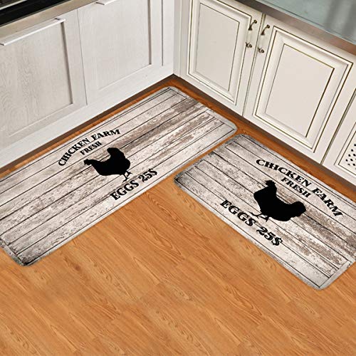 Vintage Wood Farmhouse Kitchen Rug Mats Non Slip Runner Rug Set of 2 Pieces Waterproof Kitchen Mats for Floor Doorway Bathroom Hen Animal Quote Farm Fresh Eggs