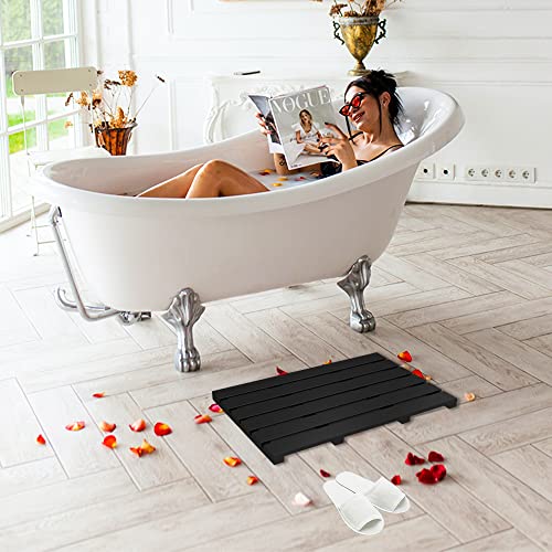 Domax Wooden Bamboo Bath Shower Mat- Non-Slip Waterproof Large Bathroom Floor Mat For Indoor Outdoor (Black, 21.26 X 14.17 X 1.3 Inches) #TOP1