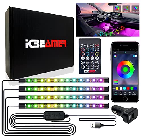 ICBEAMER Interior Lights for Car, Apps or Remote Control LED Multi Color Strip Lights RGB Sync to Music Fit All Vehicle Under Dash/Seat Lighting RGB Strip Light DIY Mode DC 12V