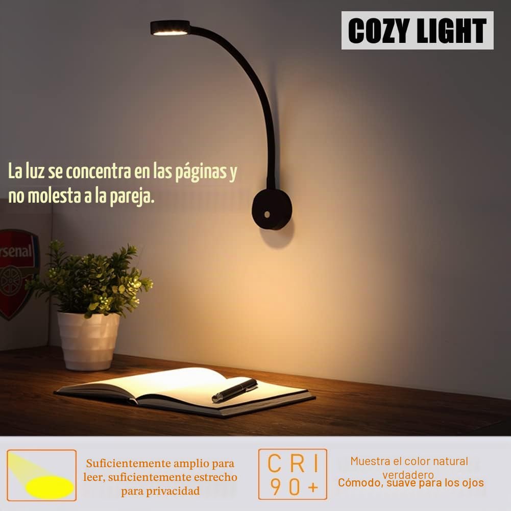 Lámpara de lectura LED 12V Regulable para Autocaravana Furgo Barco Van, Equipado Cargador USB& Luz Nocturna Roja 254lm 24VDC Flexible Cuello de Cisne Junto a la Cama de Pared Luz de Lectura