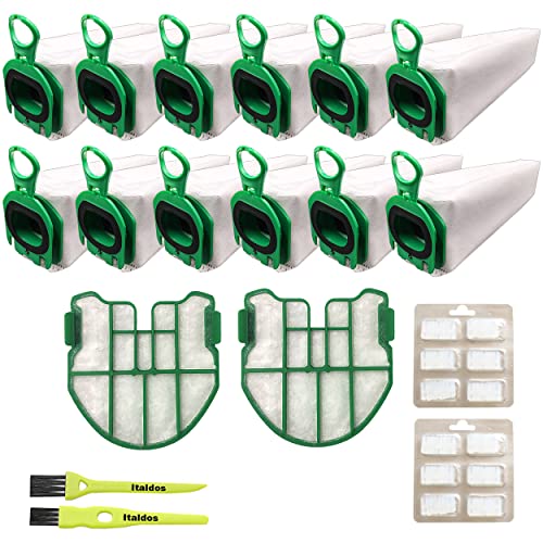 Italdos Kit sac aspirateur compatible pour Vorwerk Folletto VB100 FP100-12 sacs + 2 filtres moteur + 12 parfums + 2 brosses à dents