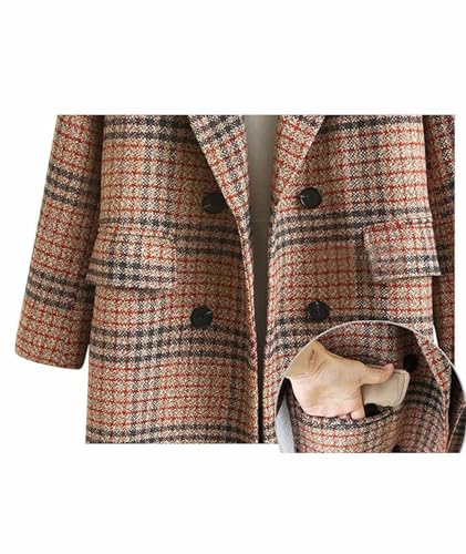 SOMTHRON Women's Plaid Trench Coat Oversize Double Breasted Lapel Jacket Mid-Long Winter Pea Coat Overcoat4