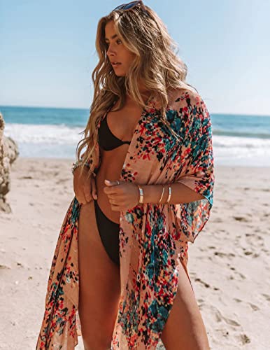 Image of Spicy Sandia Kimonos for Women Floral Beach Cover Up Loose Swimsuit Bathing Suit Coverup Cardigan for Summer Swimwear