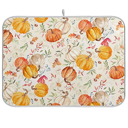 Sweetshow Autumn Fall Dish Drying Mat For Kitchen Counter Watercolor Pumpkin Maple Leaf Drying Mat 18 X 24 Inch With Absorbent Reversible Microfiber Dish Drying Pad Dish Rack Drainer Mats For Coffee Bar cover