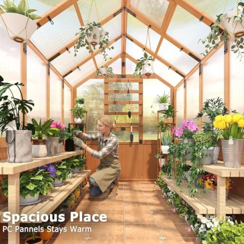 Image of EROMMY 6x10 FT Wooden Greenhouse for Outdoors, Walk-in Greenhouse Kit with 4mm Polycarbonate Panels, Adjustable Roof Vent, Lockable Door, Backyard Greenhouse for Plants and Vegetables