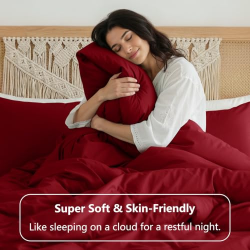 Image of HIMEET Full Size Comforter Sets, 3 Pieces with 2 Pillowcases, Dark Red | 270GSM Down Alternative Fill, Oeko-TEX Certified, 8 Corner Ties Quilted, All Season, Fluffy Bed Set, Bedroom Decor Bedding