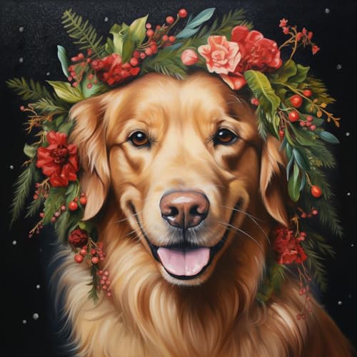 PPTRTYQQ Garland Golden Retriever Dog, DIY Paint by Numbers for Adults Beginner,16 X 16 Inch Oil Painting with Brushes and Acrylic Pigment Hand,Painted Gift Wall Art Decor,Frameless, JGIlD3120