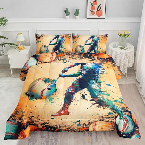 Image of Kids Comforter Set Doodle Baseball Printed Pattern Bedding Set with 1 Comforter and 2 Pillowcases for Girls Boys Bedroom All Season(Doodle Baseball Queen)