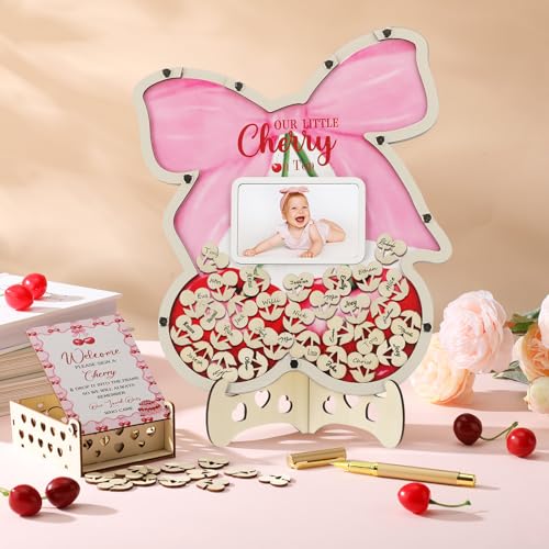 Image of Wenqik 63 Pcs Cherry Baby Shower Guest Book Alternatives Set Baby Shower Decorations with Photo Frame Sonogram Frame Keepsake 60 Wood Slices Guest Book for Birthday