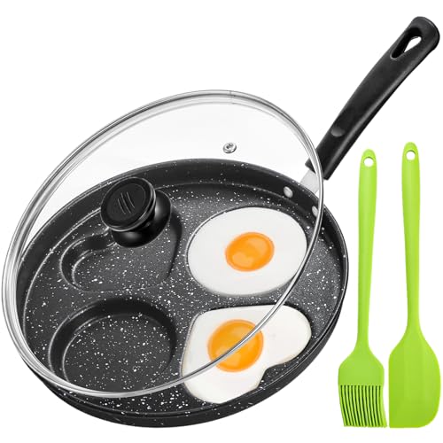Hiceeden Nonstick Egg Frying Pan with Lid, 4-Cup Egg Pan Fried Egg Cooker, Round Pancake Pan with Brush and Spatula for Breakfast, Induction & Gas Stove Compatible