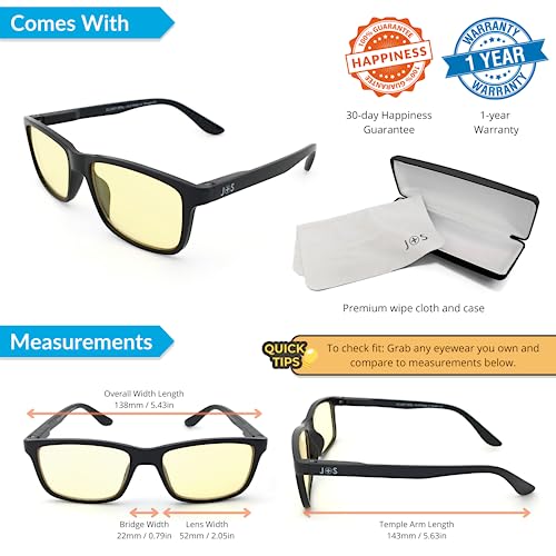 J+S Vision Blue Light Shield Computer And Gaming Glasses, High-Definition Lens, Classic Rectangular Glossy Black Frame #TOP3