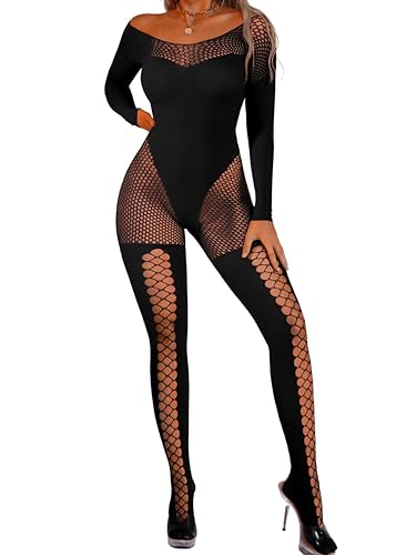 EHSUYAB Womens Sexy Full Fishnet Bodysuit, One Piece Mesh Lace Jumpsuit Body Stockings, Rave Club Poster Exotic Dancer Outfit - Black