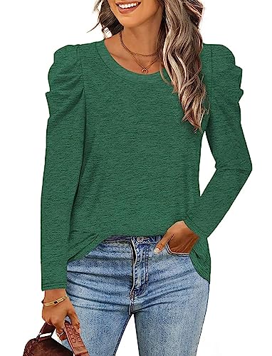 LCXWFE Damen-Tunika-Oberteil, Puffärmel, lässig, V-Ausschnitt, langärmelig, einfarbig, S-2XL, Y01-grün, XX-Large