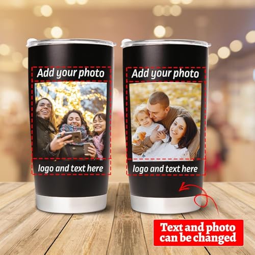 Image of Personalized Coffee Tumbler with Picture Text Logo, Custom 20oz Insulated Stainless Steel Travel Mug with Lids, Personalized Birthday Gifts for Women Men, Custom Coffee Tumbler Cup