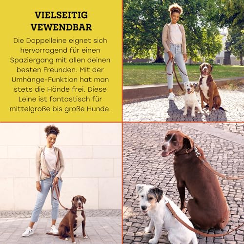 Vitazoo Hundeleine zum Trainieren - 3m - Nylon Graphit Doppelleine für kleine, mittelgroße & große Hunde - verstellbare Leinen bis 4 Verschiedene Längen - Braun